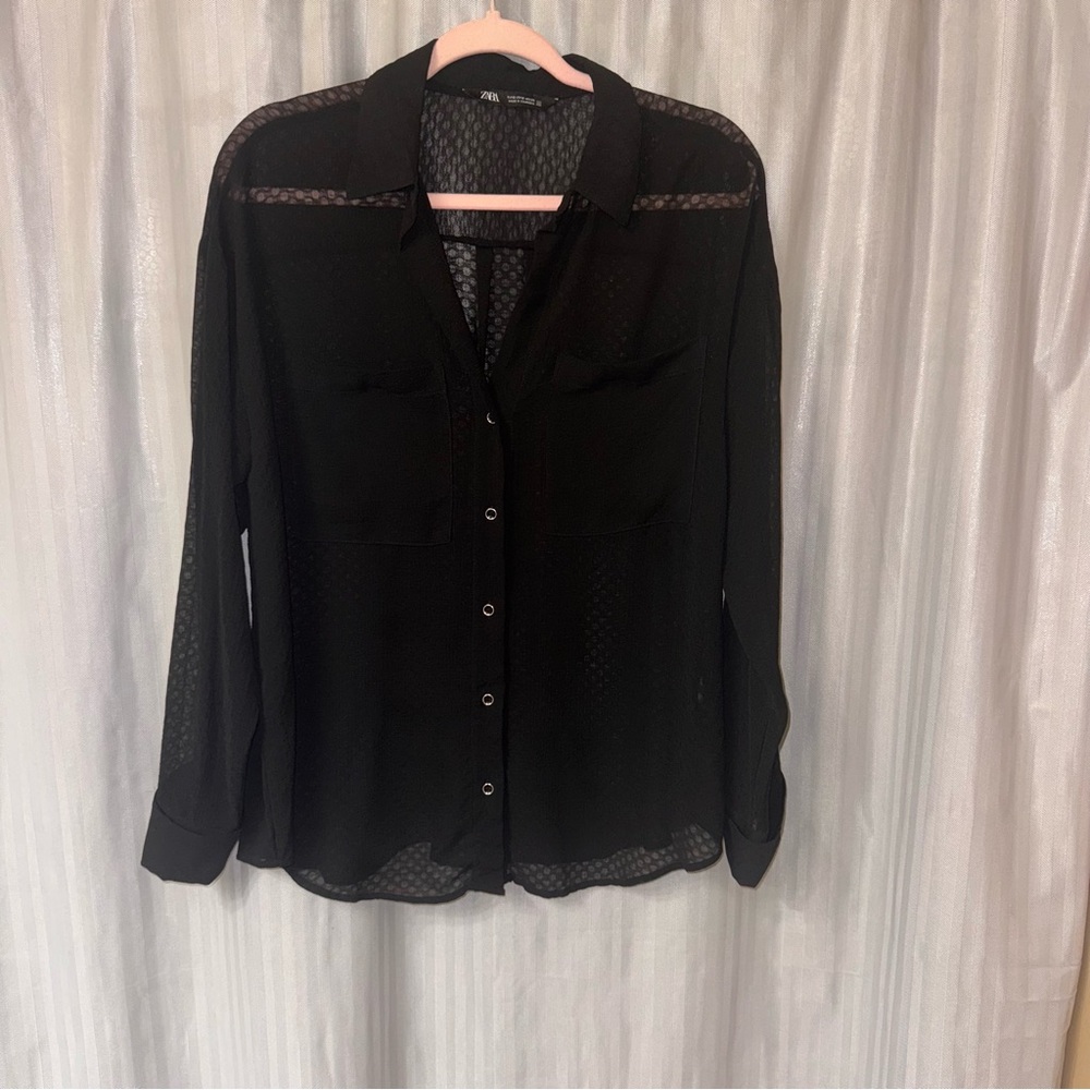 Zara Black Sheer Button Down Shirt
